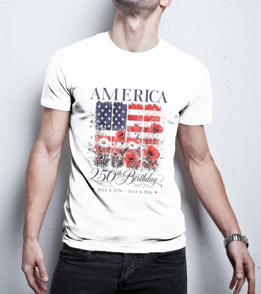America 250th Birthday July 4 1776 2026 Floral Flag T-Shirt