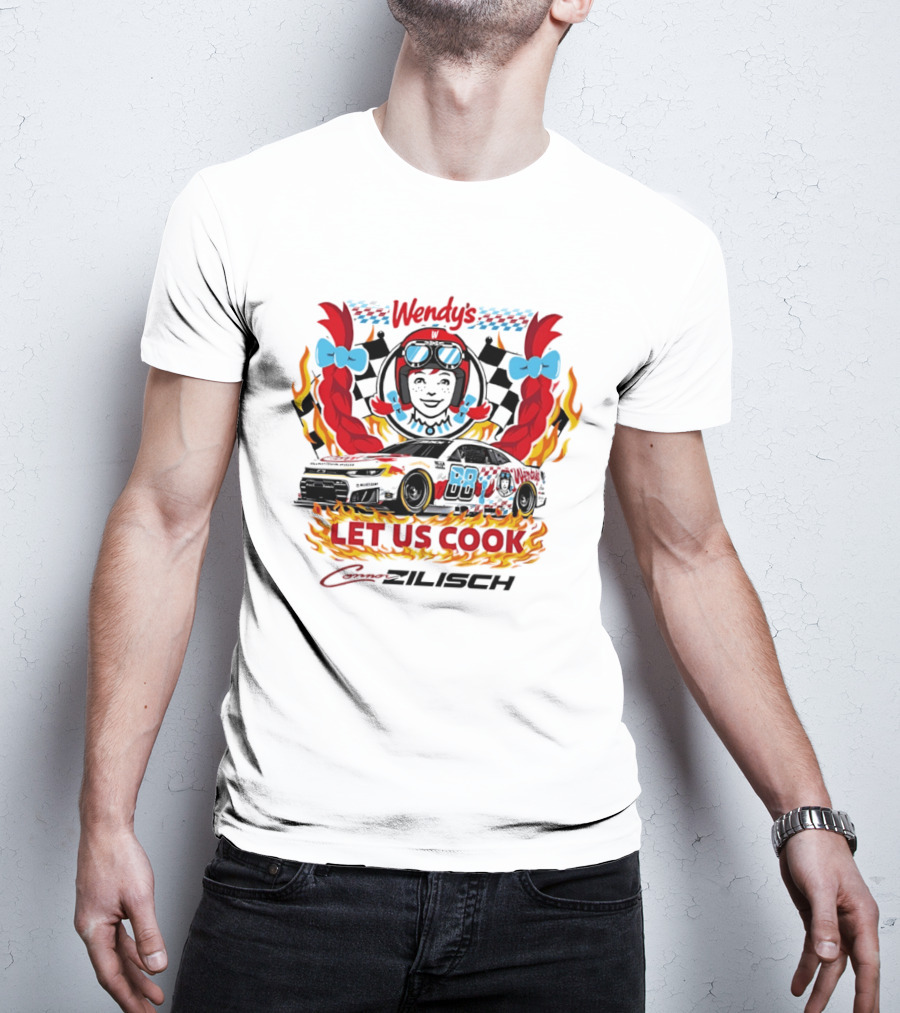 Wendy's Let Us Cook Connor Zilisch Racing Car Flames And Checkered Flag T-Shirt
