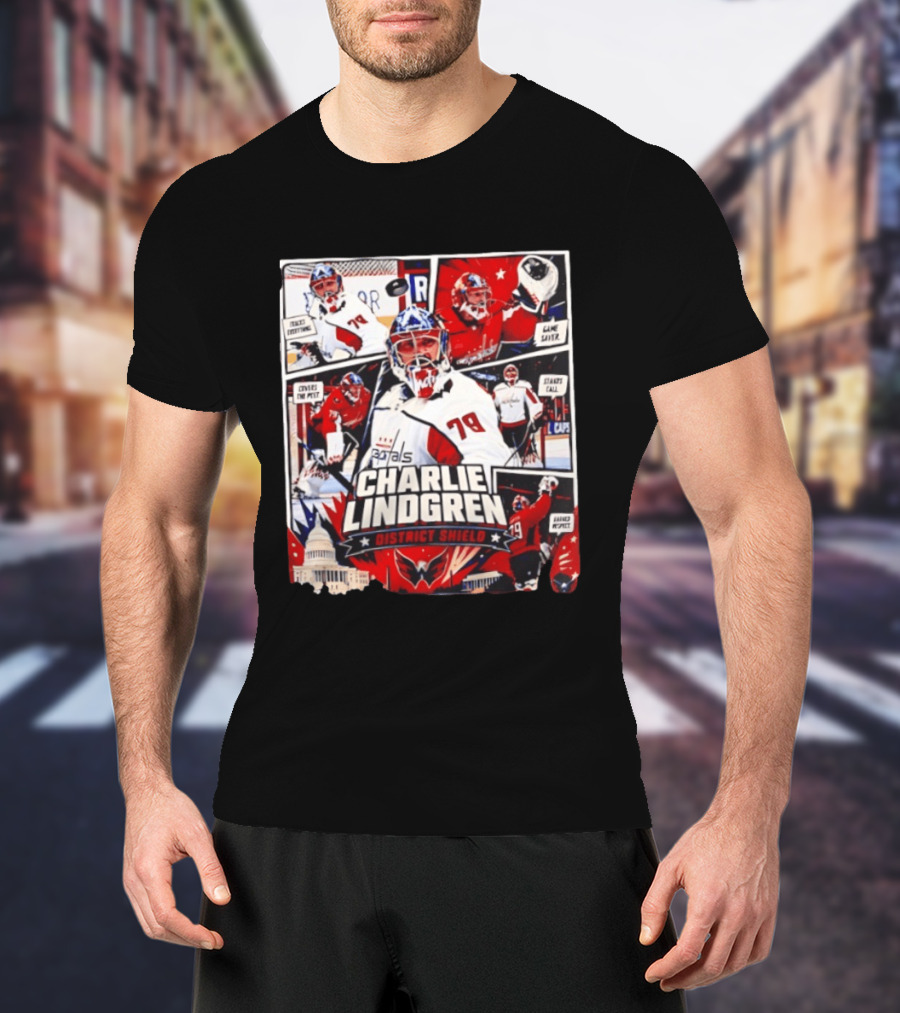 Charlie Lindgren Capitals District Shield Comic Style Hockey Action T-Shirt