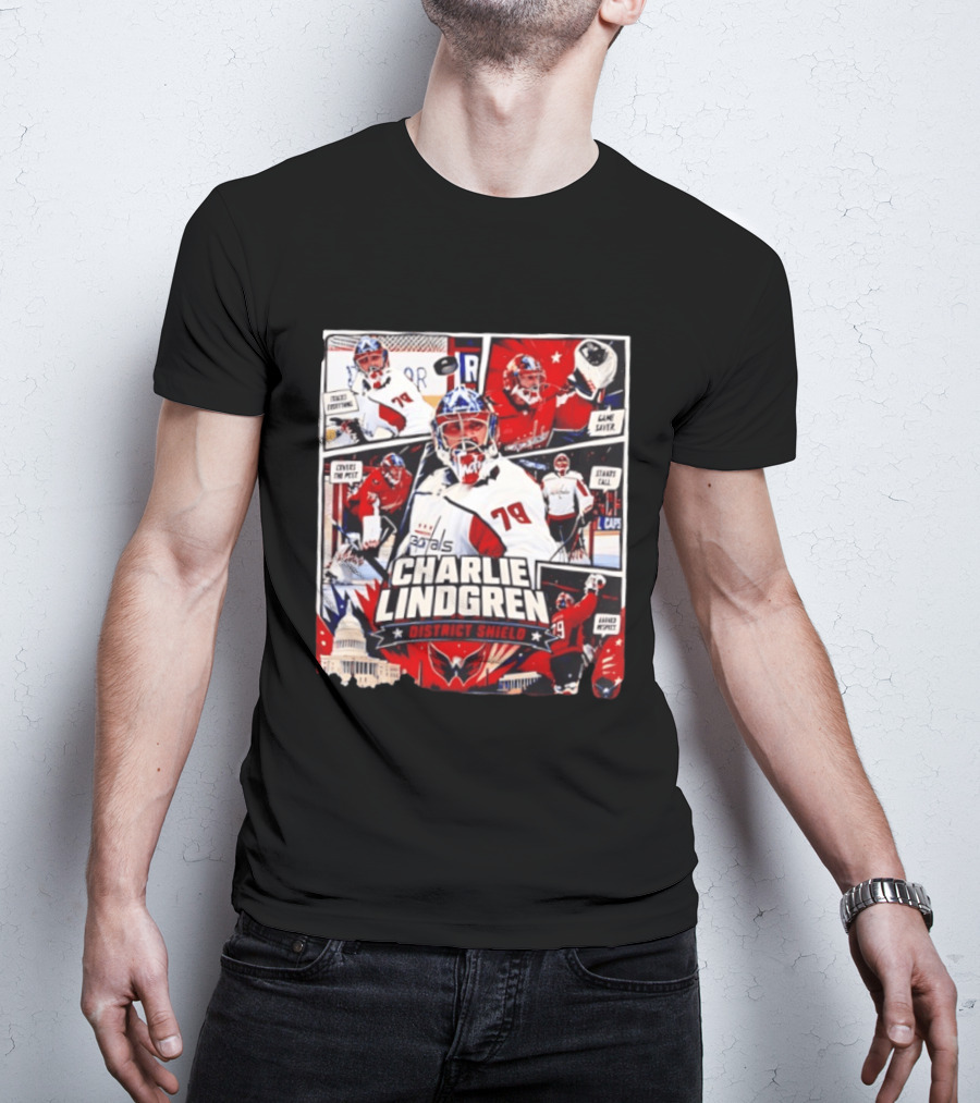Charlie Lindgren Capitals District Shield Comic Style Hockey Action T-Shirt