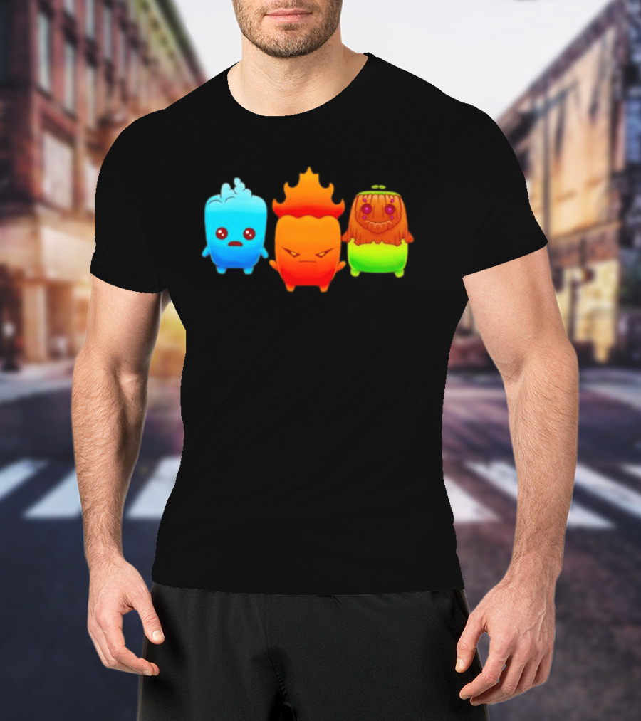 Water Fire And Earth Elemental Creatures Fireboy And Watergirl Cute Characters T-Shirt