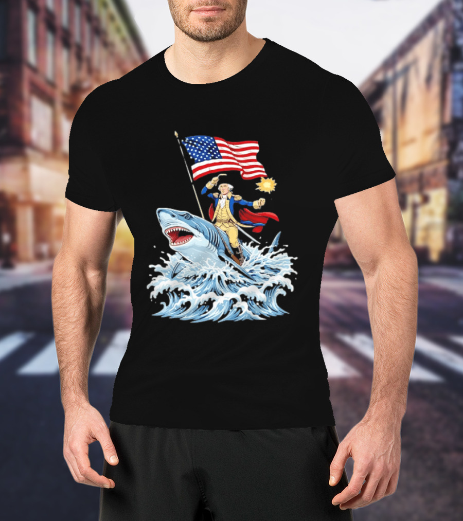 Shark Riding George Washington With American Flag Patriotic 4th Of July T-Shirt