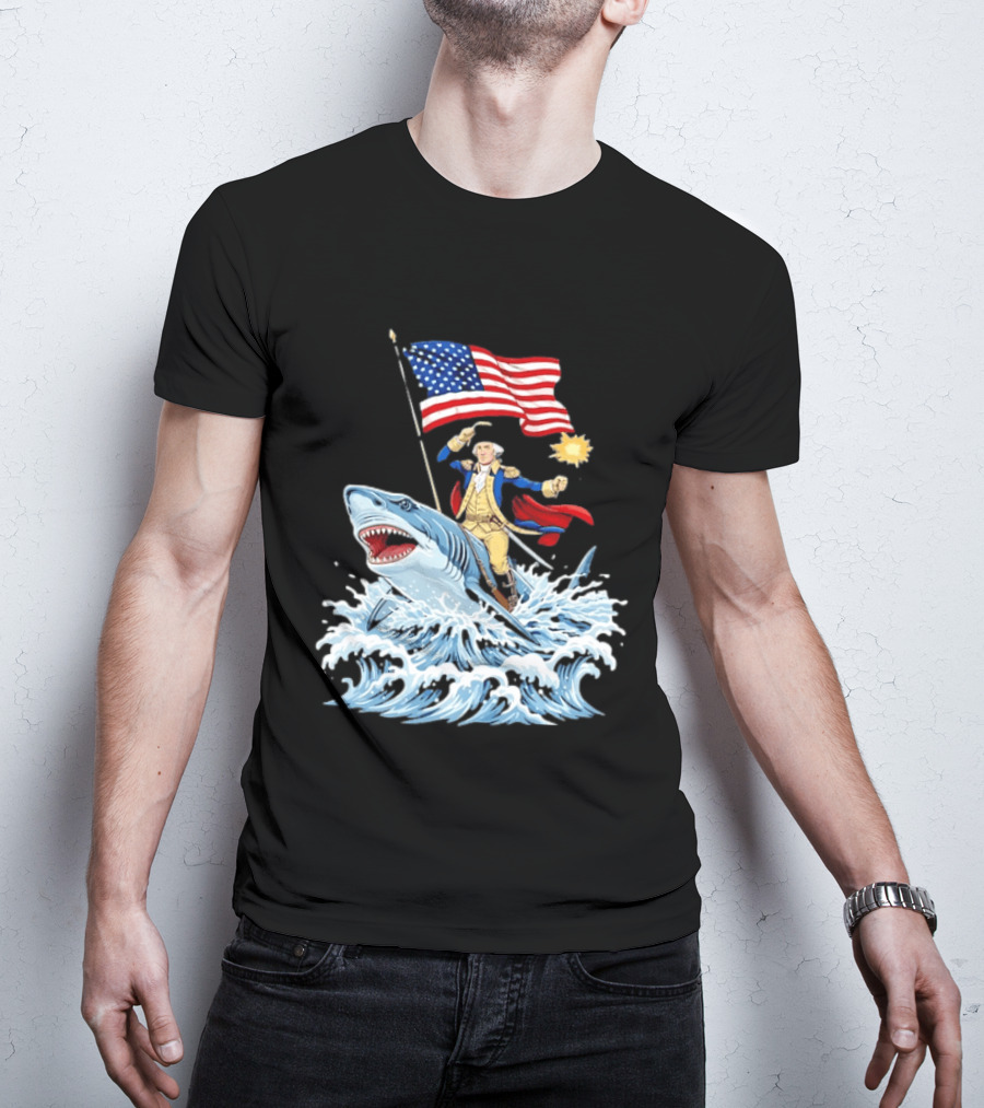 Shark Riding George Washington With American Flag Patriotic 4th Of July T-Shirt