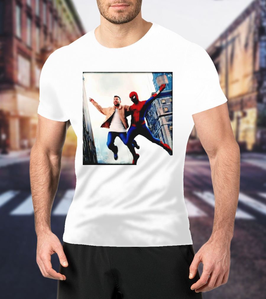 Lionel Messi And Spider Man Jump In City Marvel Cinematic Universe T-Shirt