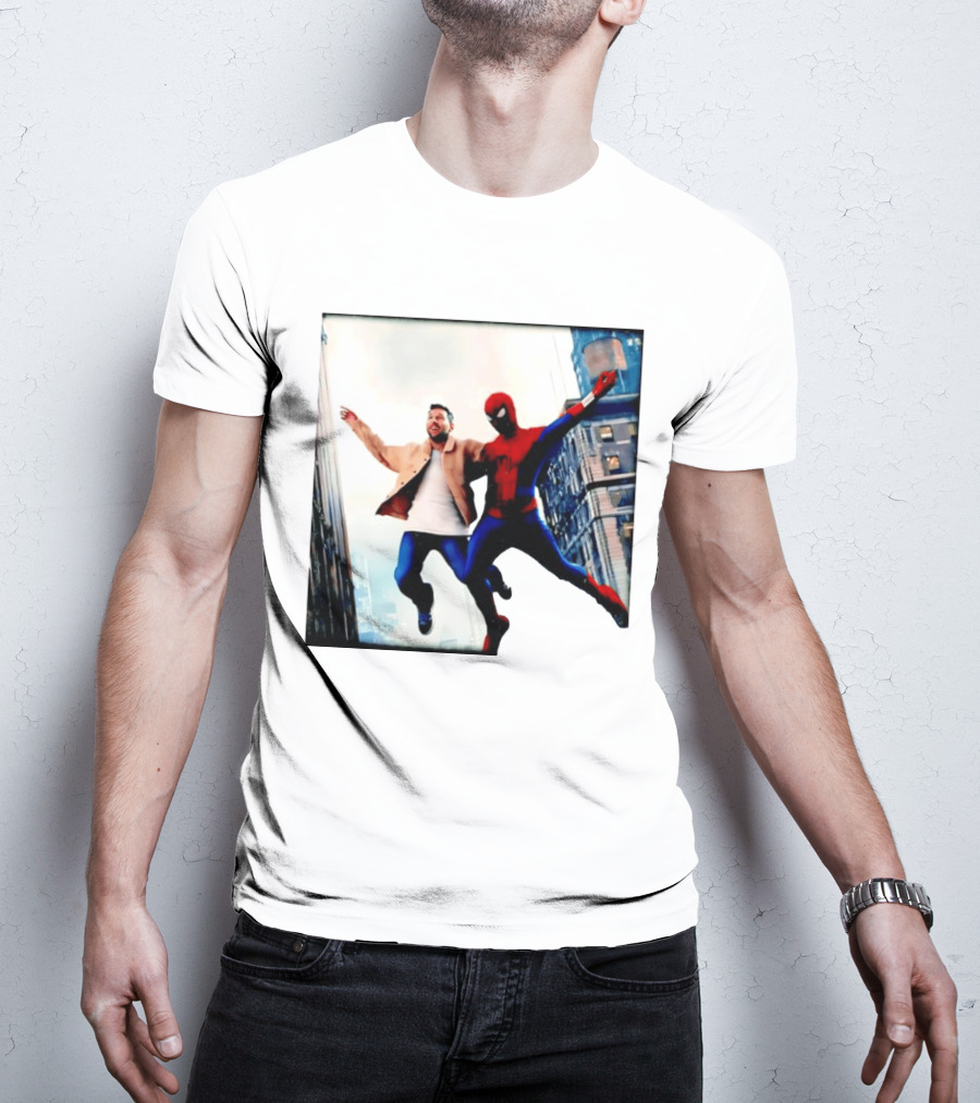 Lionel Messi And Spider Man Jump In City Marvel Cinematic Universe T-Shirt