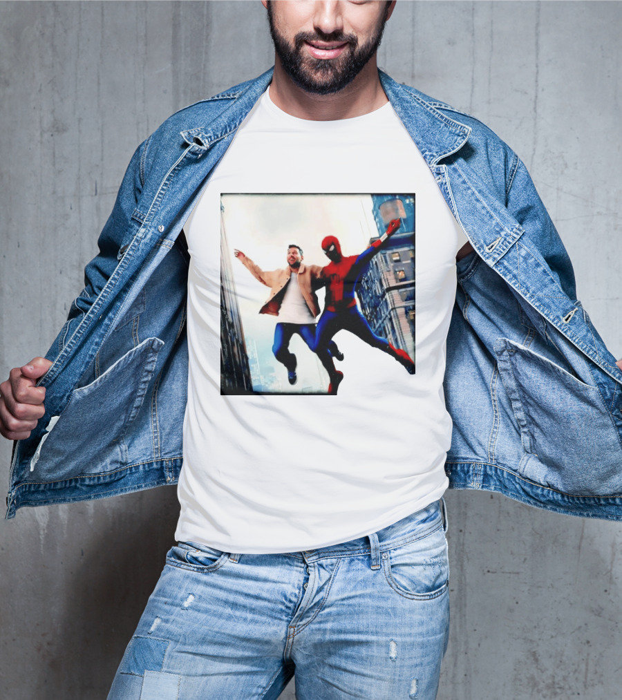 Lionel Messi And Spider Man Jump In City Marvel Cinematic Universe T-Shirt