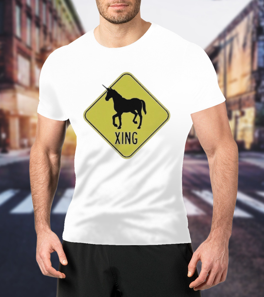 Unicorn Xing Mythical Creature Crosswalk Sign T-Shirt