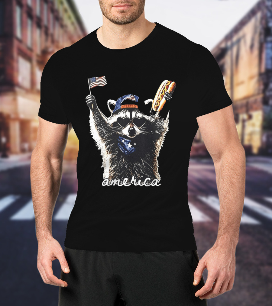 Raccoon Holding Hot Dog And Flag America 4th Of July Celebration T-Shirt