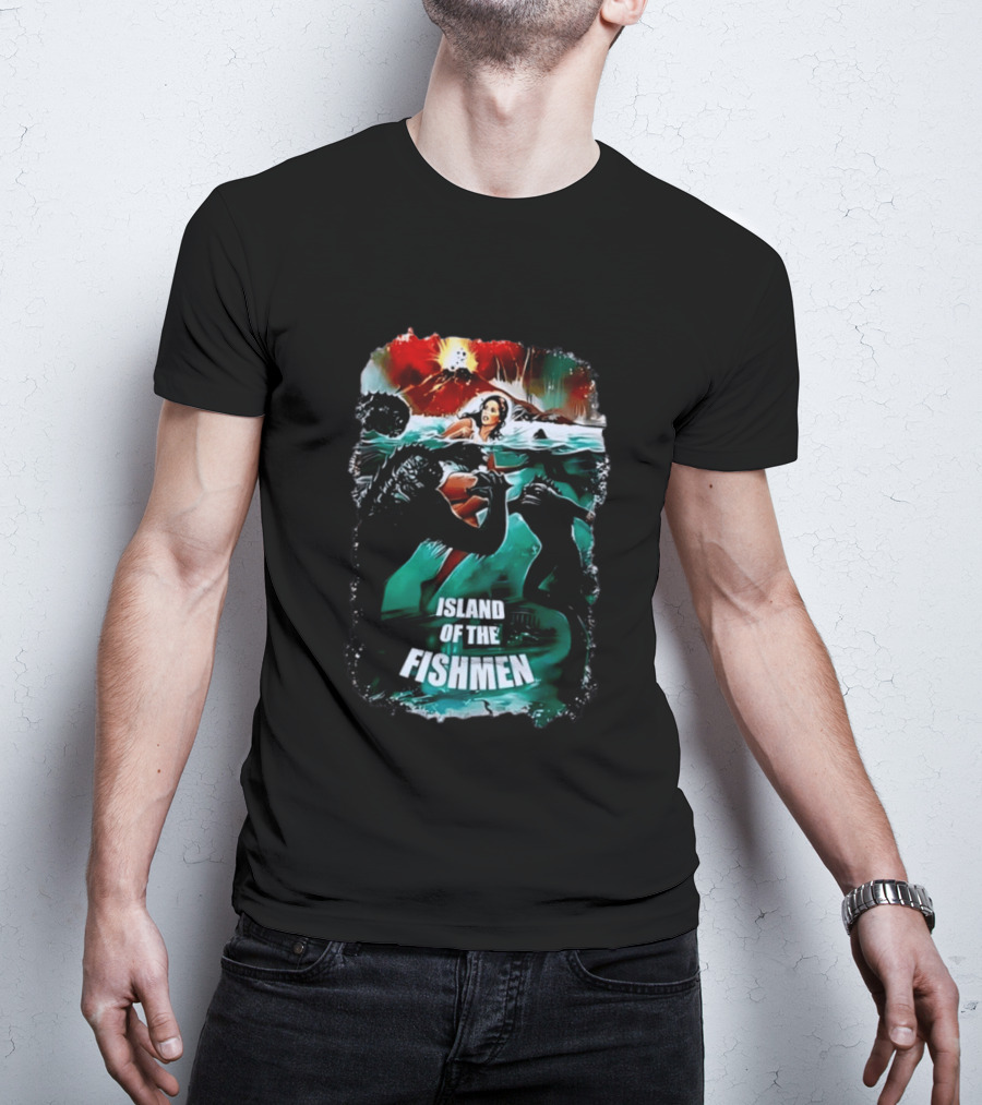 Island Of The Fishmen Vintage Movie Scene With Sea Monsters And Volcano T-Shirt