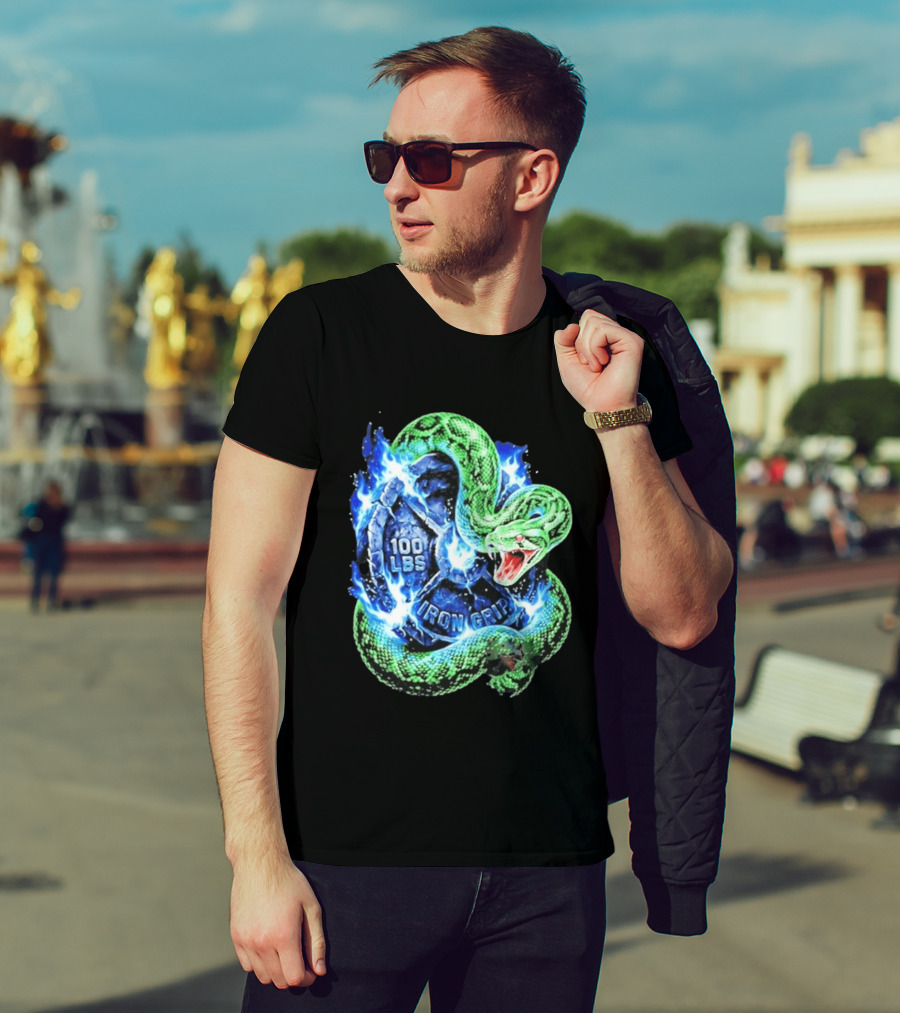 100 Lbs Iron Grip Snake With Lightning And Dumbbell T-Shirt