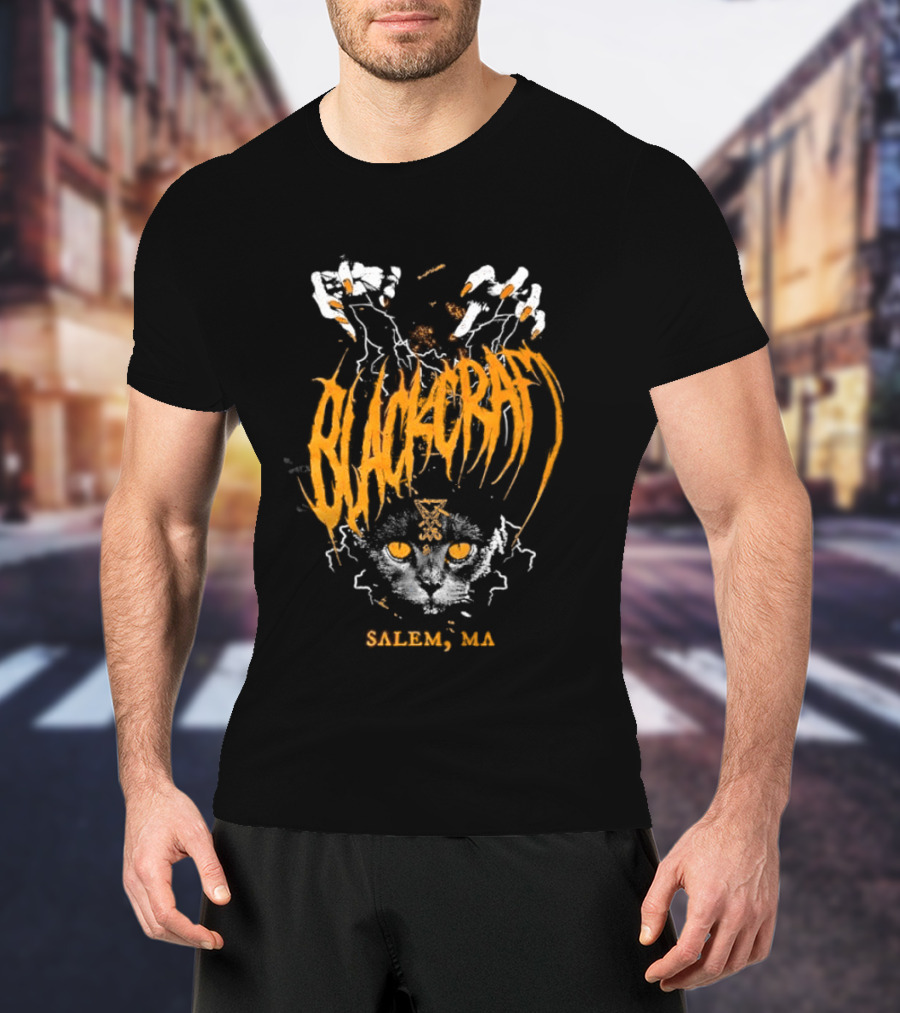 Blackcraft Salem MA Cat Occult Theme With Leviathan Cross T-Shirt