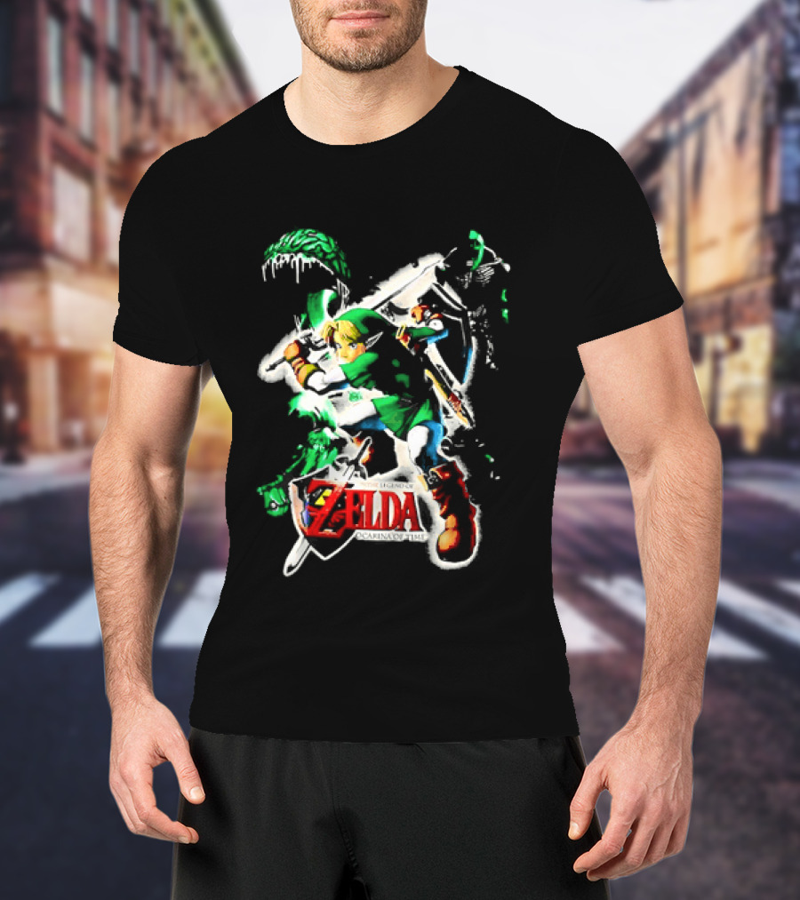 Legend Of Zelda Ocarina Of Time Link Fighting Enemies T-Shirt