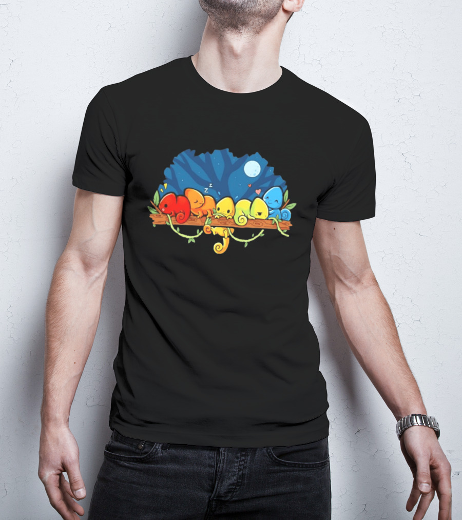 Colorful Chameleons Sitting On A Tree Branch Under Night Sky With Moon And Hearts T-Shirt