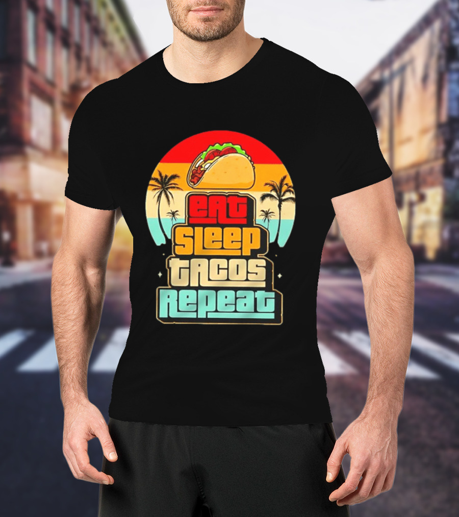 Eat Sleep Tacos Repeat Gaming Retro Sunset Palm Trees T-Shirt