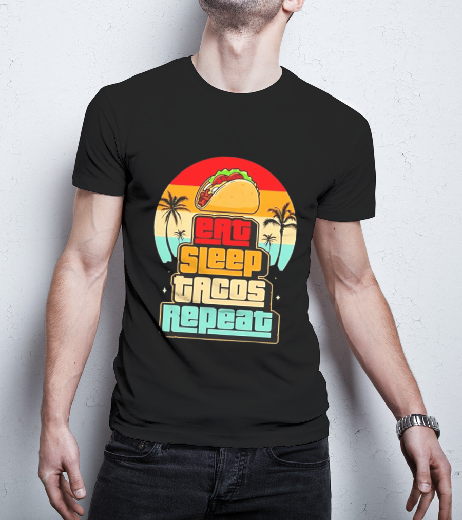 Eat Sleep Tacos Repeat Gaming Retro Sunset Palm Trees T-Shirt