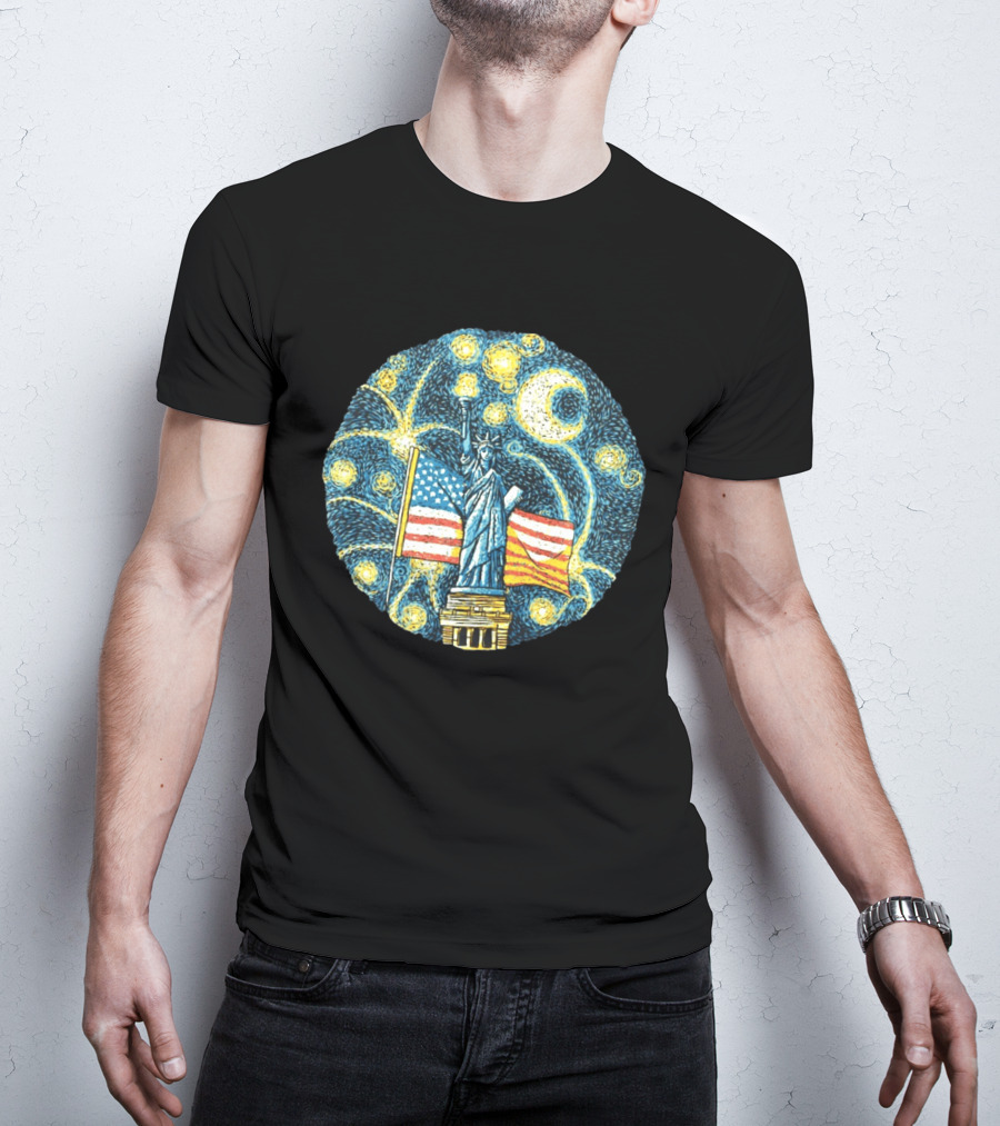 Statue Of Liberty USA Flag Firework Starry Night T-Shirt