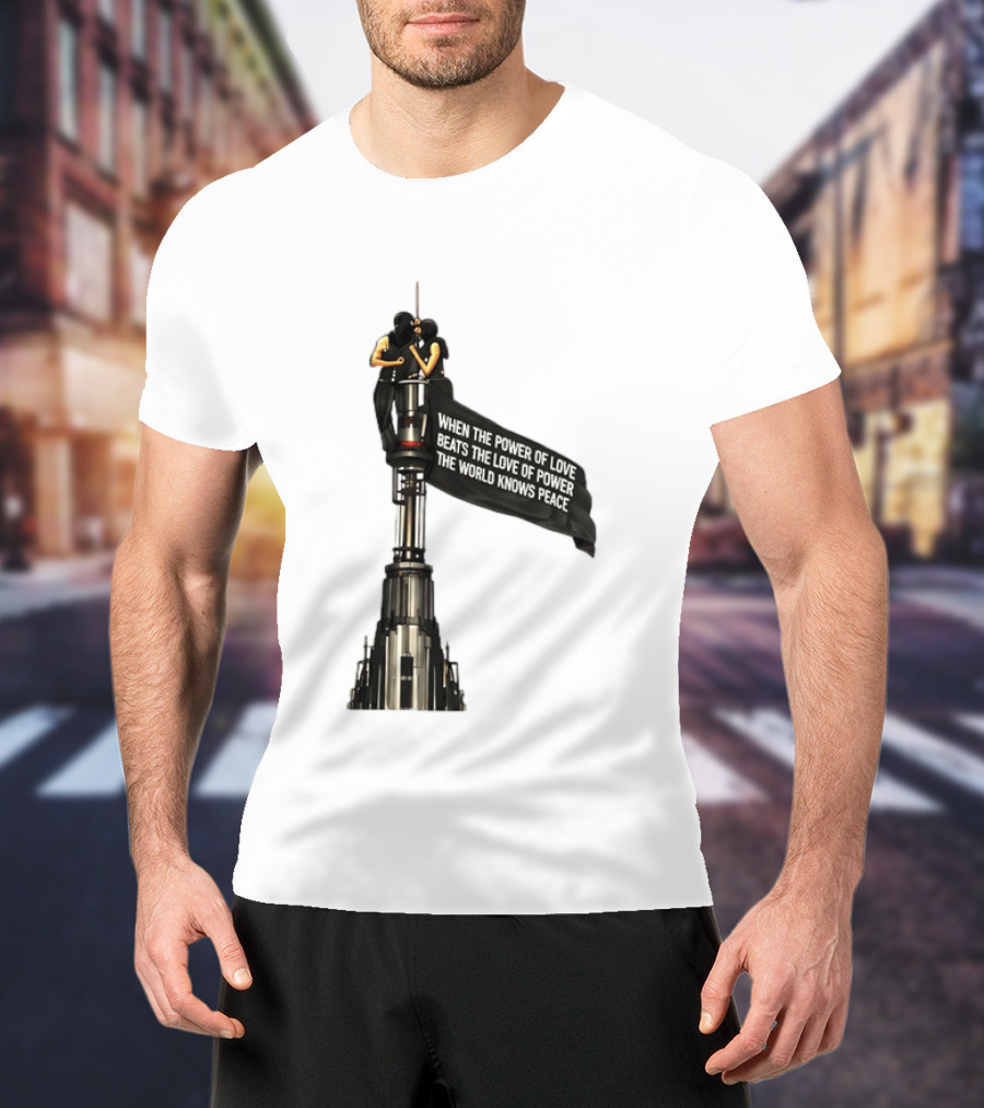 Angela Nikolau And Ivan Beerkus Love And Peace Flag On Empire State Building T-Shirt