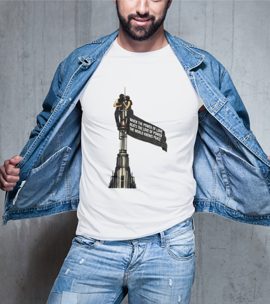 Angela Nikolau And Ivan Beerkus Love And Peace Flag On Empire State Building T-Shirt