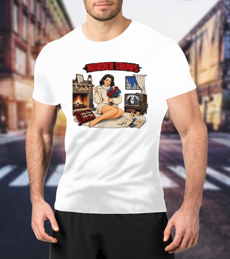 Murder Shows Cozy Creepy Mystery Scene With Fire, Roses, And Vintage TV T-Shirt
