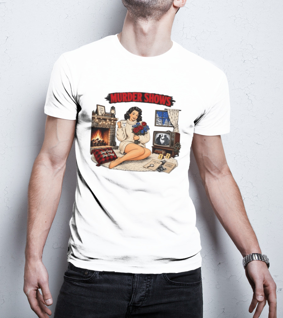 Murder Shows Cozy Creepy Mystery Scene With Fire, Roses, And Vintage TV T-Shirt