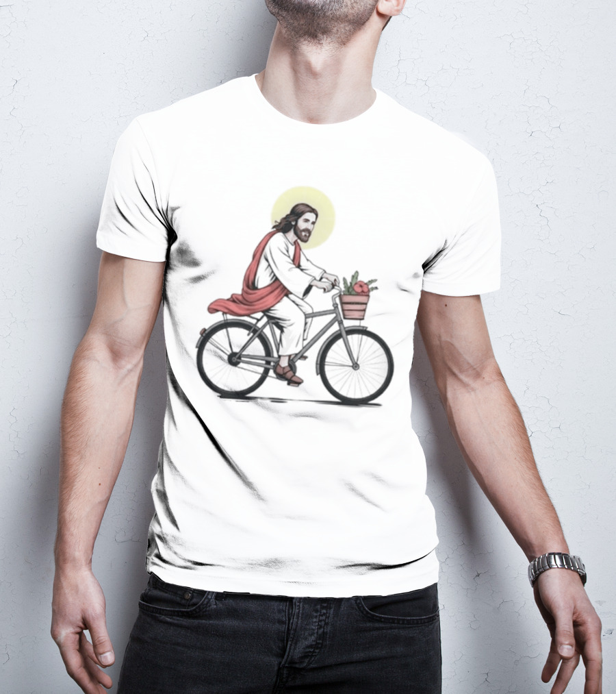 Christ On A Bike British Slang Jesus Cycling With Halo And Groceries T-Shirt