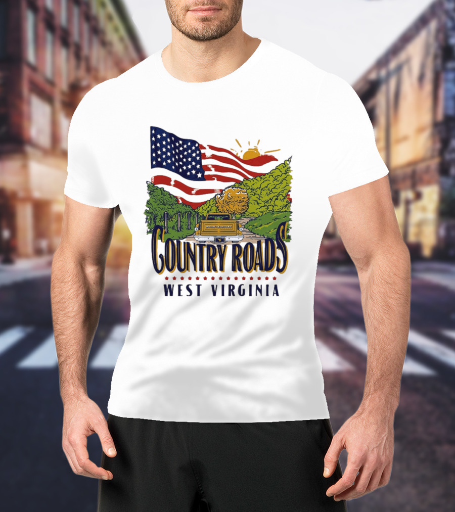 Country Roads West Virginia American USA Flag Vintage Truck Scenic Route T-Shirt