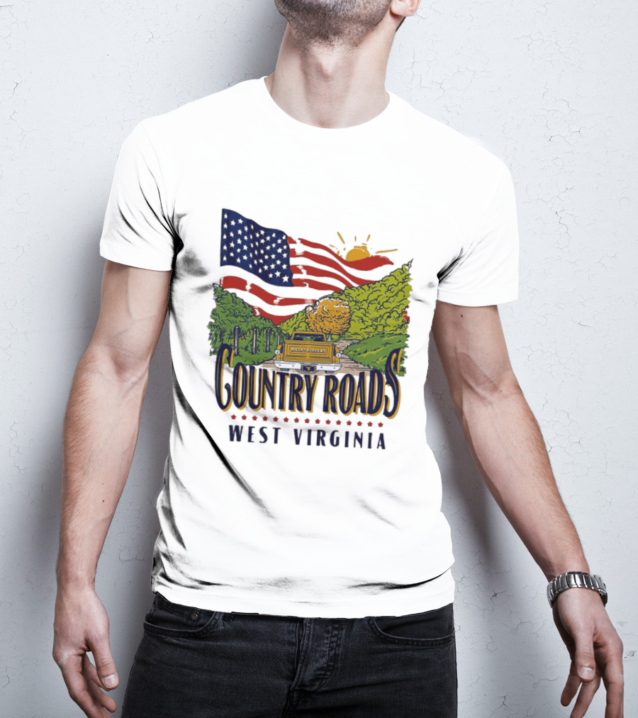 Country Roads West Virginia American USA Flag Vintage Truck Scenic Route T-Shirt