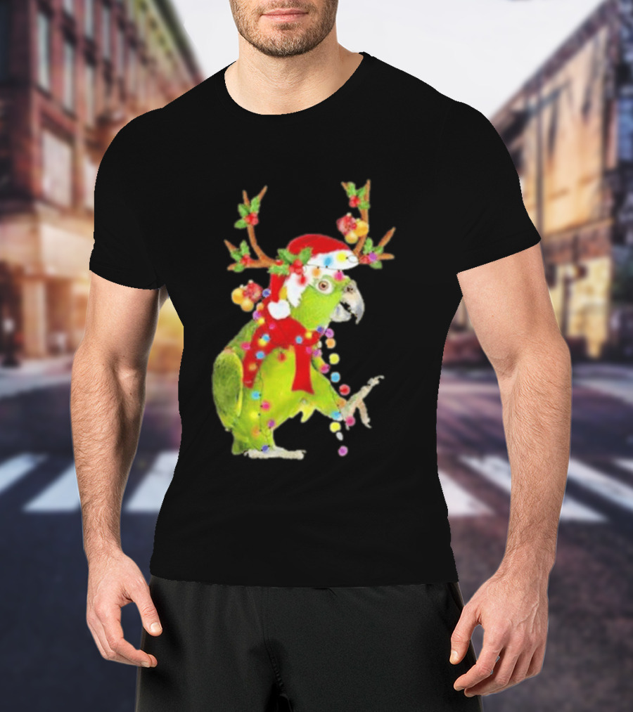 Festive Parrot Wearing Santa Hat And Reindeer Antlers T-Shirt