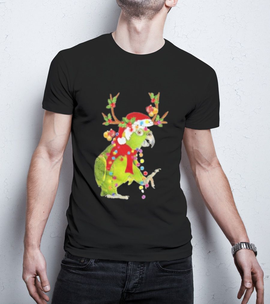 Festive Parrot Wearing Santa Hat And Reindeer Antlers T-Shirt