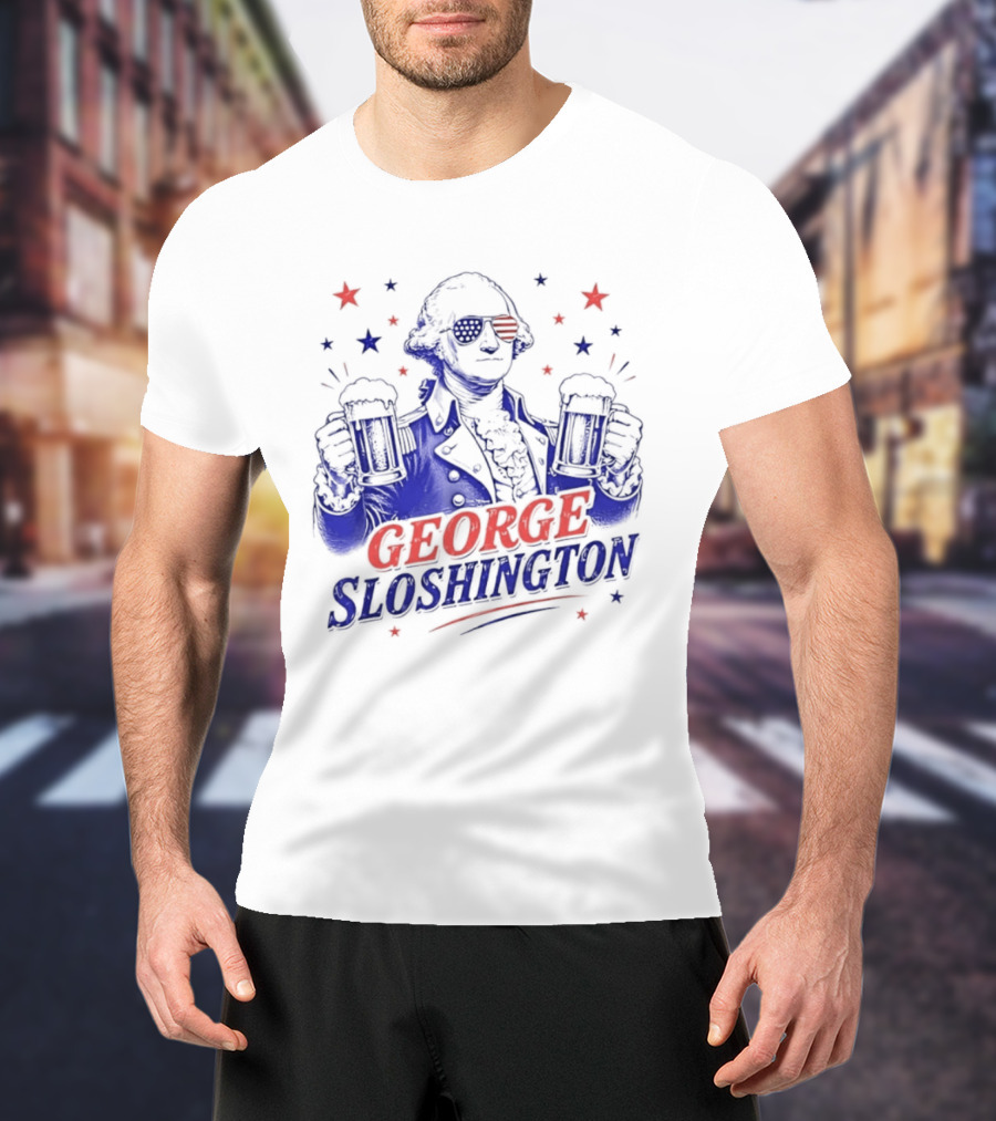 GEORGE SLOSHINGTON Party Patriot Drinking Beer Red White Blue Stars T-Shirt