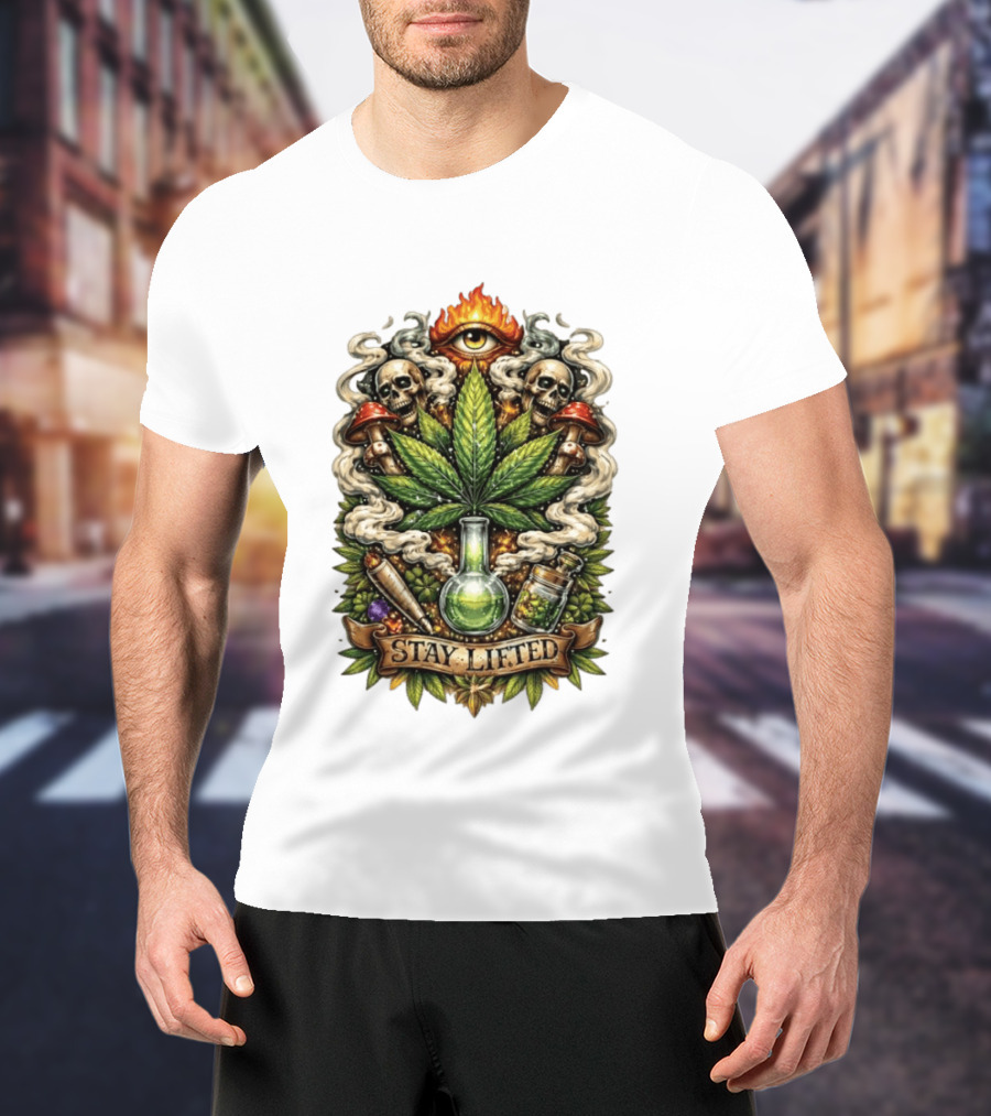 Cannabis Leaf Skull Mushroom Alchemy Eye Stay Lifted Weed Culture T-Shirt