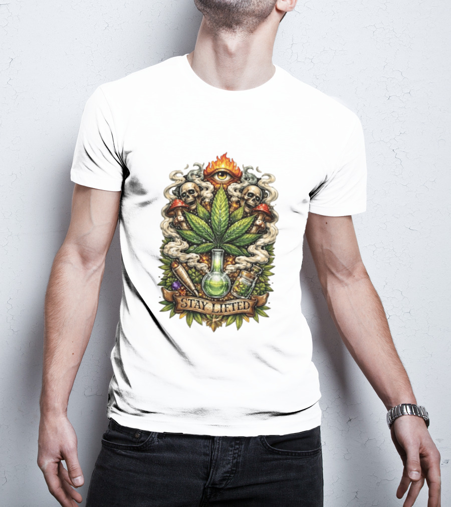 Cannabis Leaf Skull Mushroom Alchemy Eye Stay Lifted Weed Culture T-Shirt