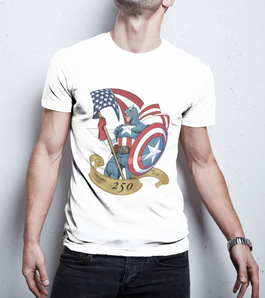 Captain America Marvel 250 E Pluribus Unum EST 1776 Patriotic Hero Shield American Flag T-Shirt