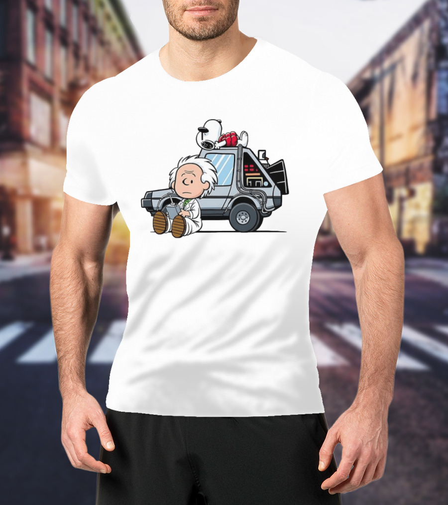 Doc Brown Snoopy Back To The Future Delorean Time Machine Cartoon Mashup T-Shirt