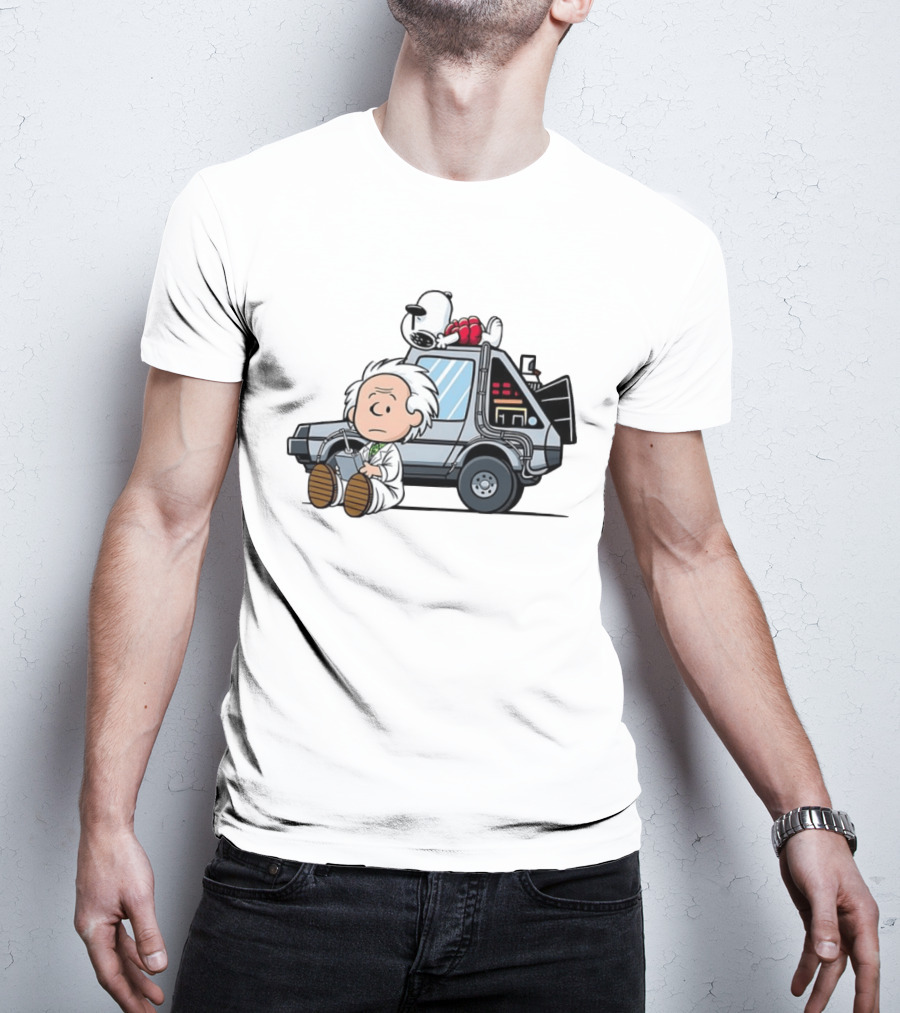 Doc Brown Snoopy Back To The Future Delorean Time Machine Cartoon Mashup T-Shirt