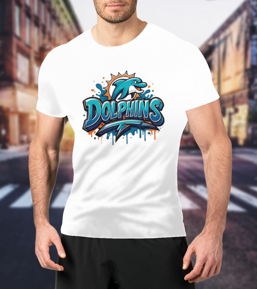 Miami Dolphins Graffiti Football Dolphins Splash Blue Orange T-Shirt
