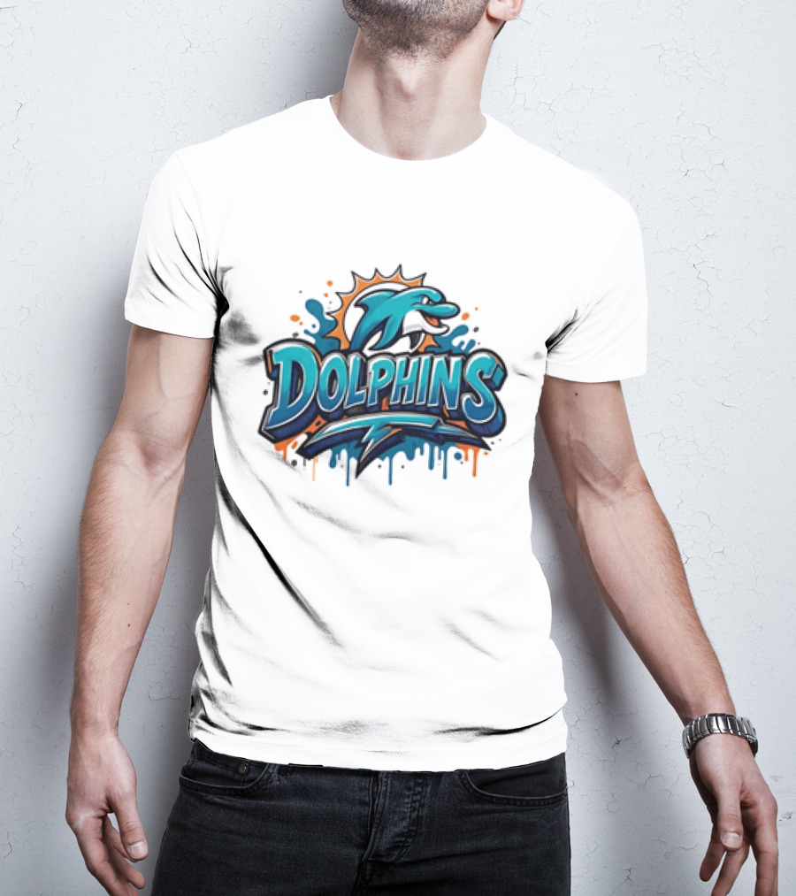 Miami Dolphins Graffiti Football Dolphins Splash Blue Orange T-Shirt