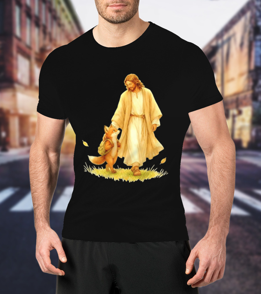 Jesus Christ And Fox Companion With Backpack In Nature Scene T-Shirt