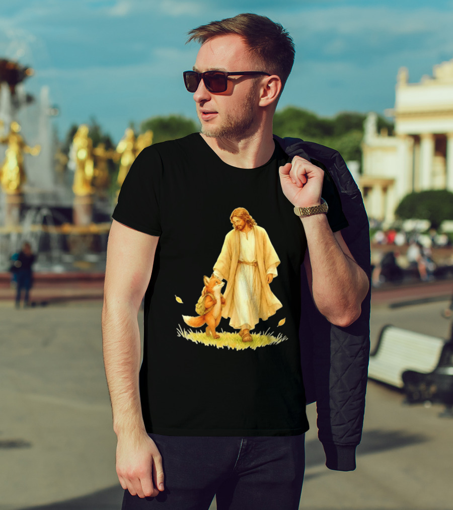Jesus Christ And Fox Companion With Backpack In Nature Scene T-Shirt