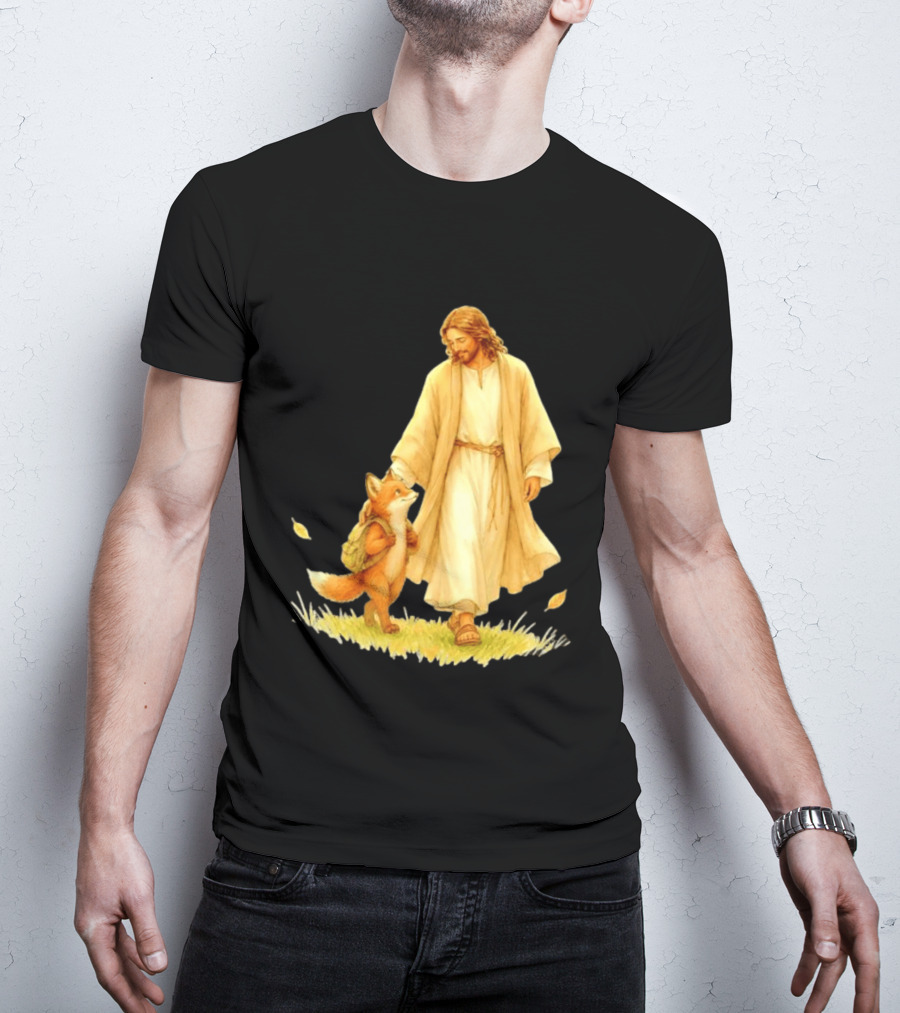 Jesus Christ And Fox Companion With Backpack In Nature Scene T-Shirt