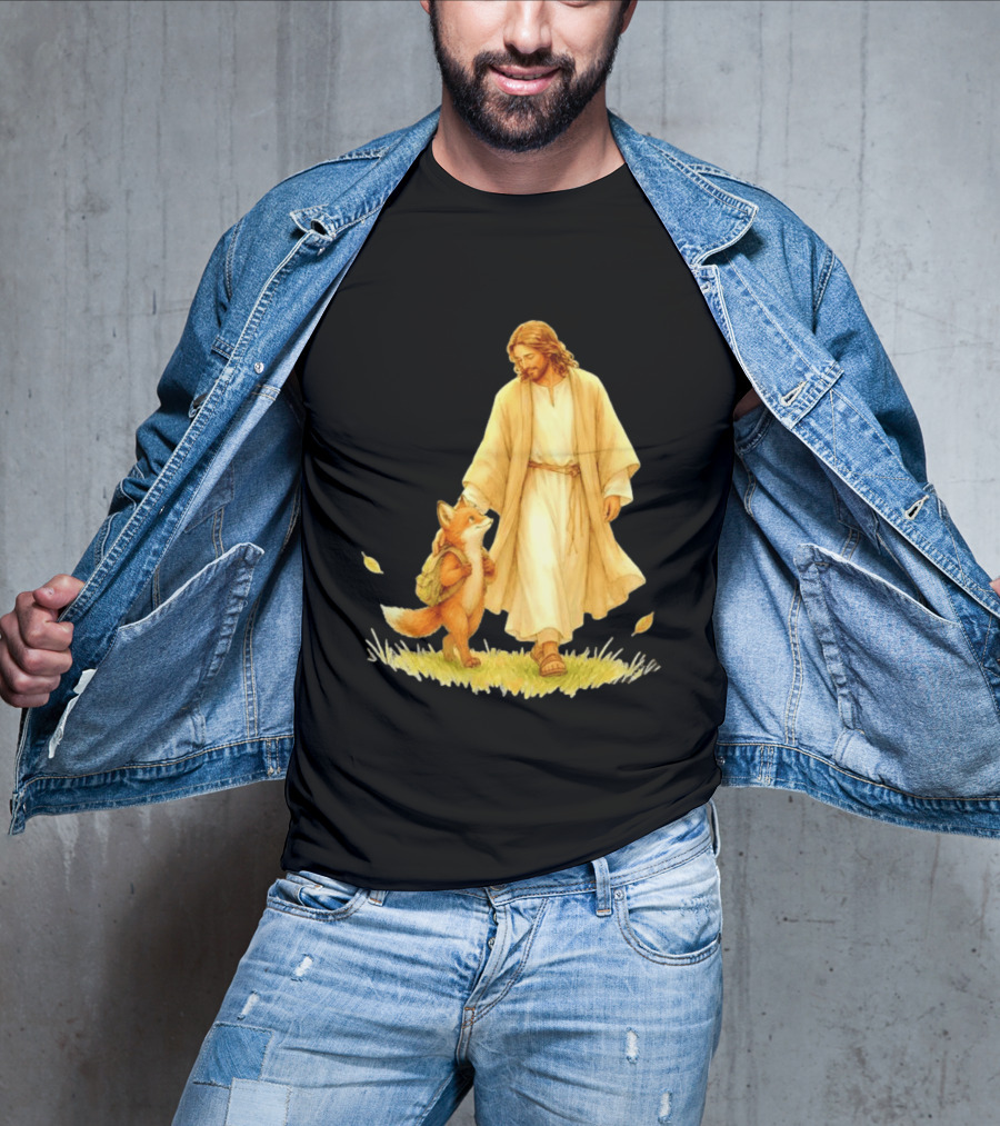 Jesus Christ And Fox Companion With Backpack In Nature Scene T-Shirt