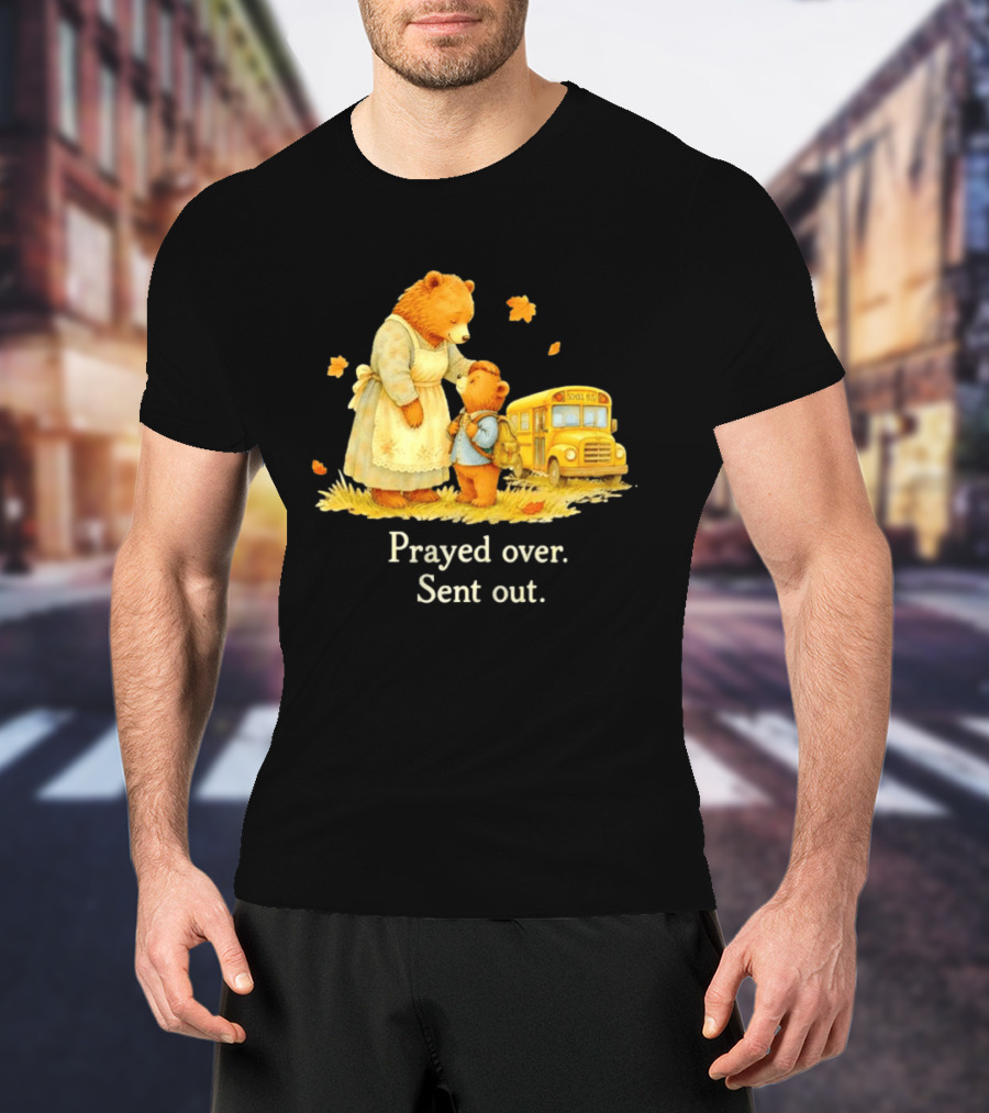 Mama Bear And Cub School Bus Prayed Over Sent Out Back To School Autumn Scene T-Shirt