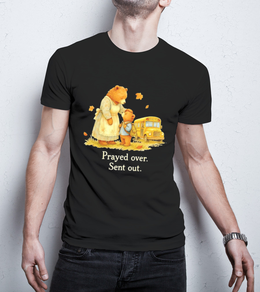 Mama Bear And Cub School Bus Prayed Over Sent Out Back To School Autumn Scene T-Shirt