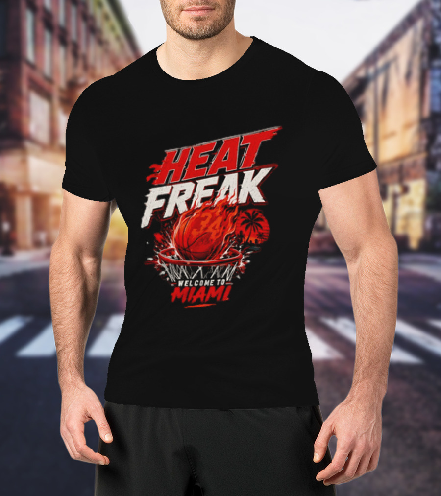 Heat Freak Welcome To Miami Basketball Flame Palm 34 T-Shirt