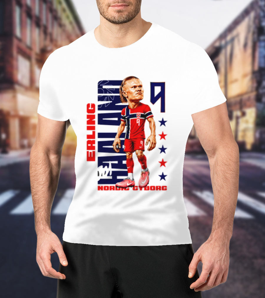 Erling Haaland No 9 Nordic Cyborg Stars And Stripes Caricature T-Shirt