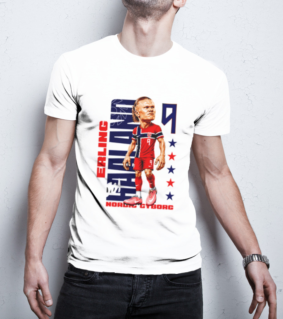 Erling Haaland No 9 Nordic Cyborg Stars And Stripes Caricature T-Shirt