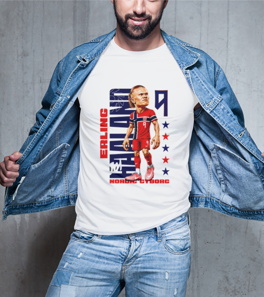 Erling Haaland No 9 Nordic Cyborg Stars And Stripes Caricature T-Shirt
