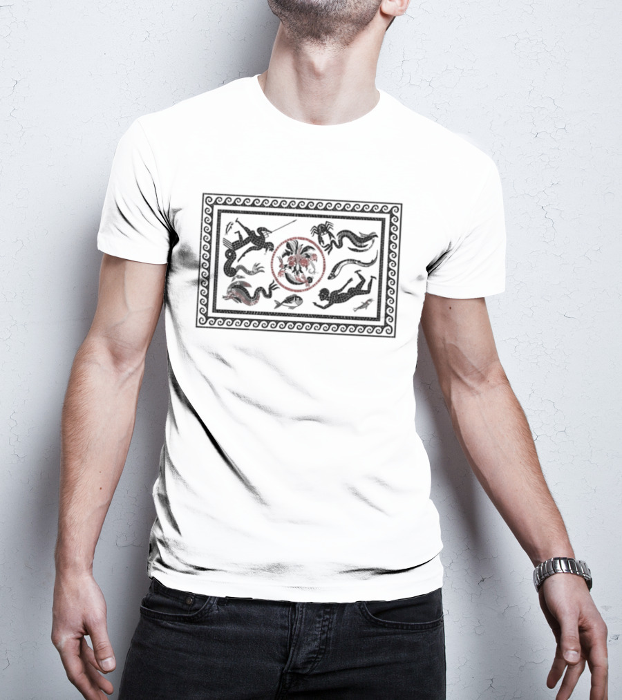 Roman Mosaic Mythological Ocean Marine Life Neptune Trident Creatures T-Shirt