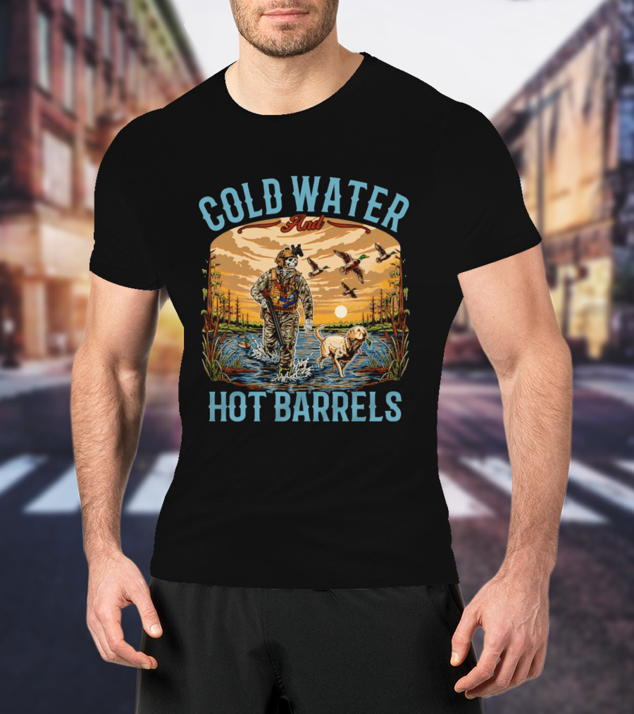 Cold Water And Hot Barrels Skeleton Hunting Ducks Scene With Dog T-Shirt