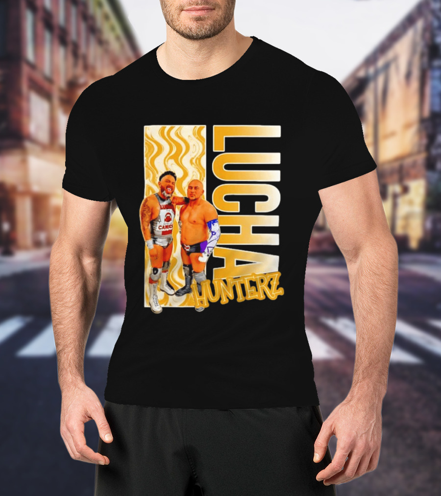 Lucha Hunterz Wrestlers Duo With Llamas And Gold Accents T-Shirt